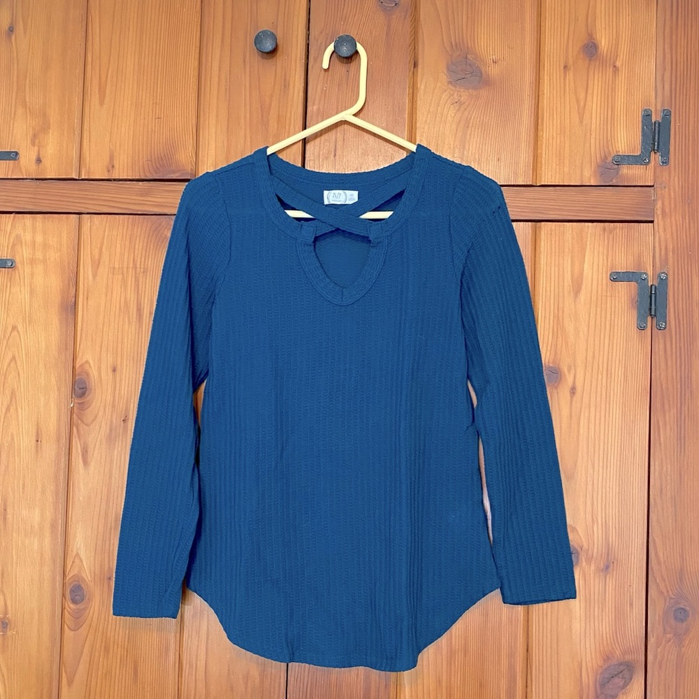 Longsleeve royal navy blue thermal v neck criss cross chest strappy oversized